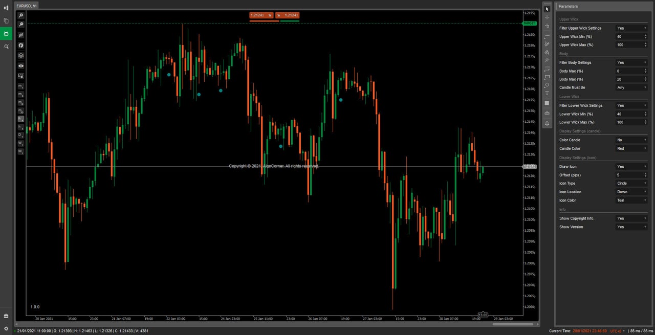 Candlestick Pattern Finder - Find any candlestick pattern by configuring percentages for wicks and body. Highlight patterns with icons or colored bars. - cTrader Trading Tool